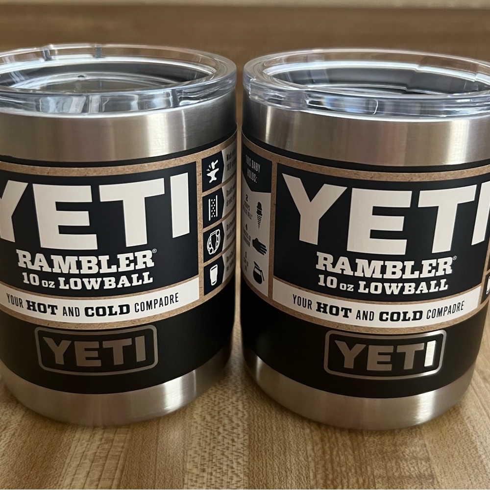 Yeti 10 oz. Rambler Lowball Tumblers in Silver and Black. Set of 2.